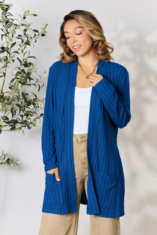 Blue Ribbed Open Front Cardigan with Pockets