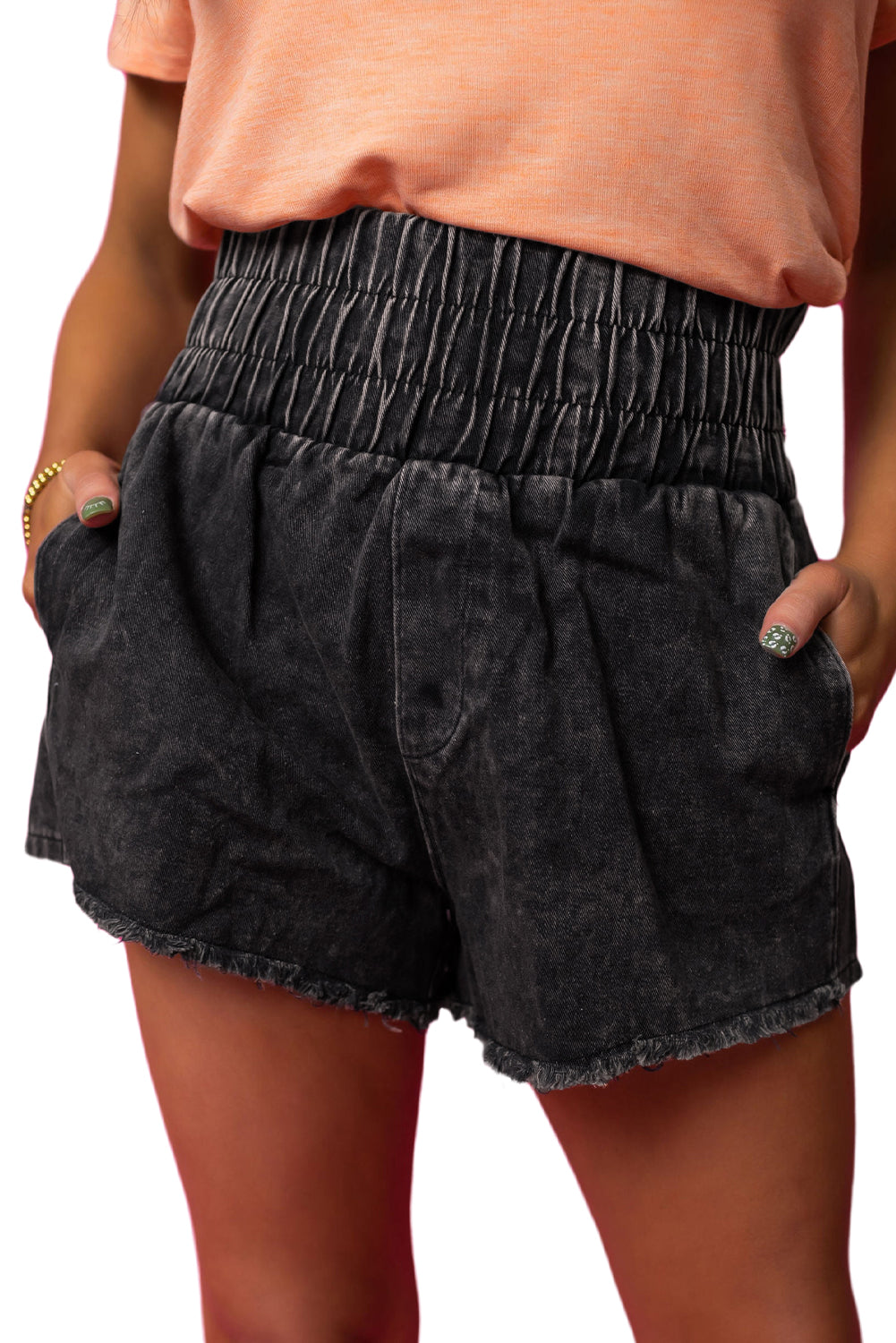 Black Smocked High Waist Vintage Jean Shorts