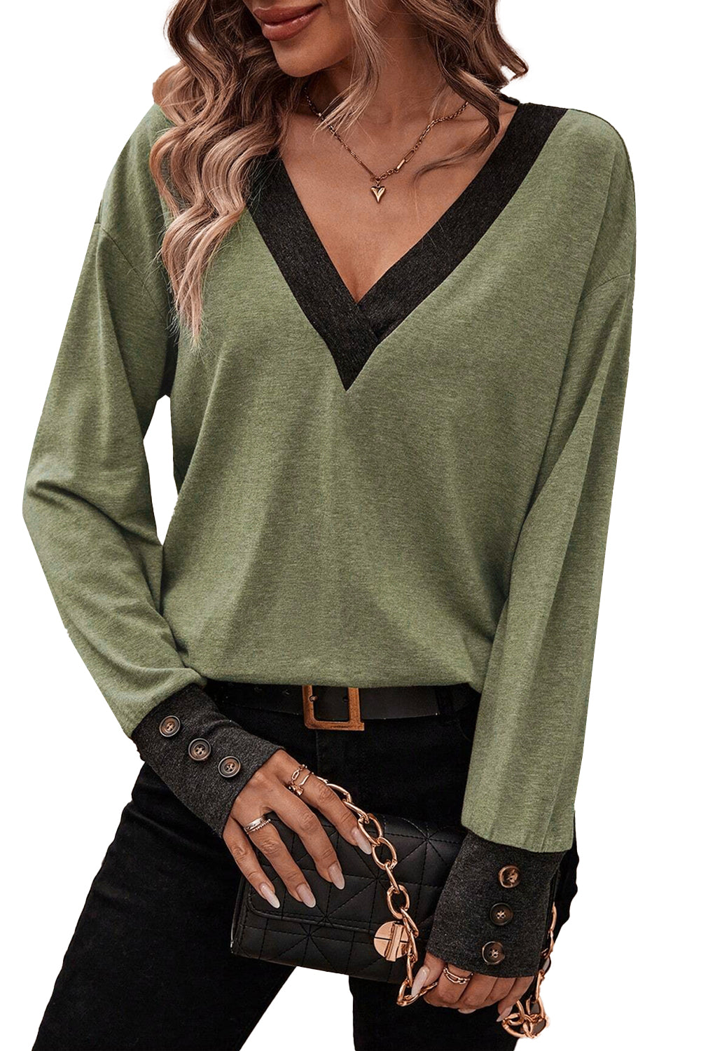 Moss Green Contrast V Neck Button Cuffed Long Sleeve Top