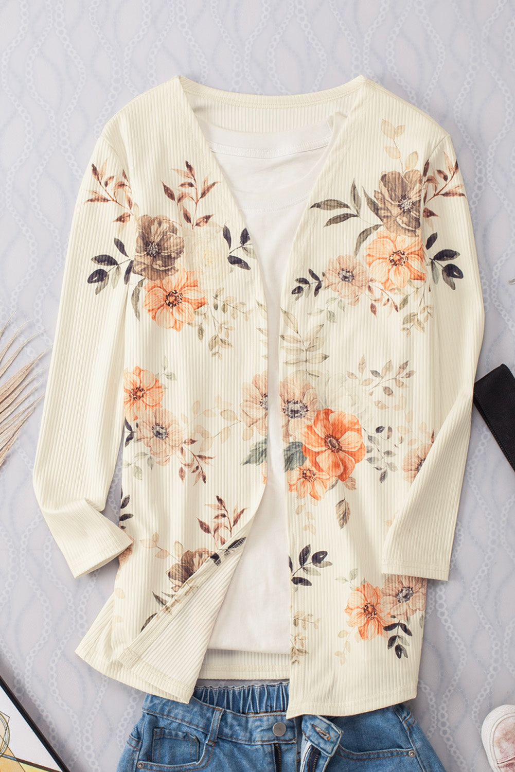 Apricot Floral Print Ribbed Knit Slim Fit Cardigan