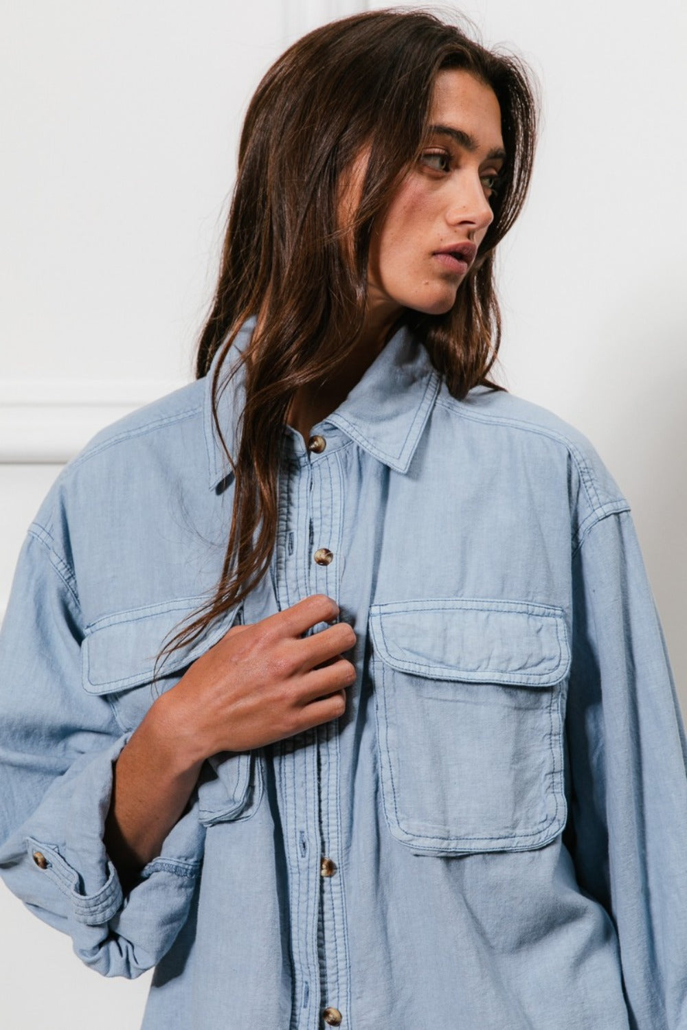 Oversized Button Down Stitch Detail Denim Shirt