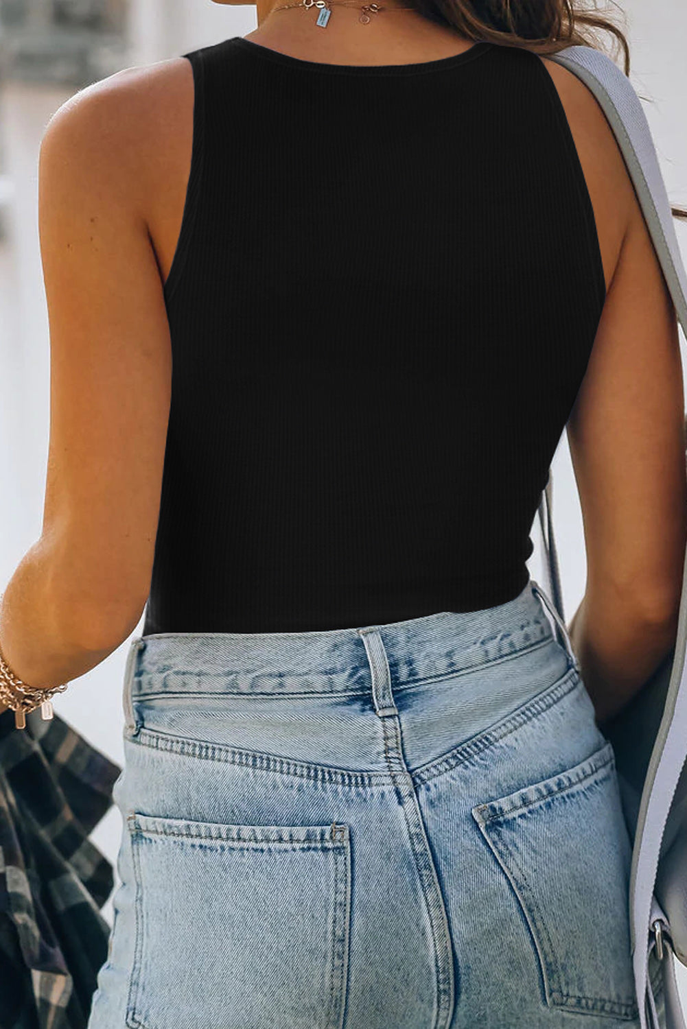 Black Rib Knit Crew Neck Sleeveless Crop Top