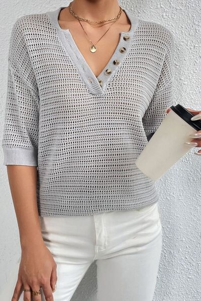 Half Button Dropped Shoulder Knit Top