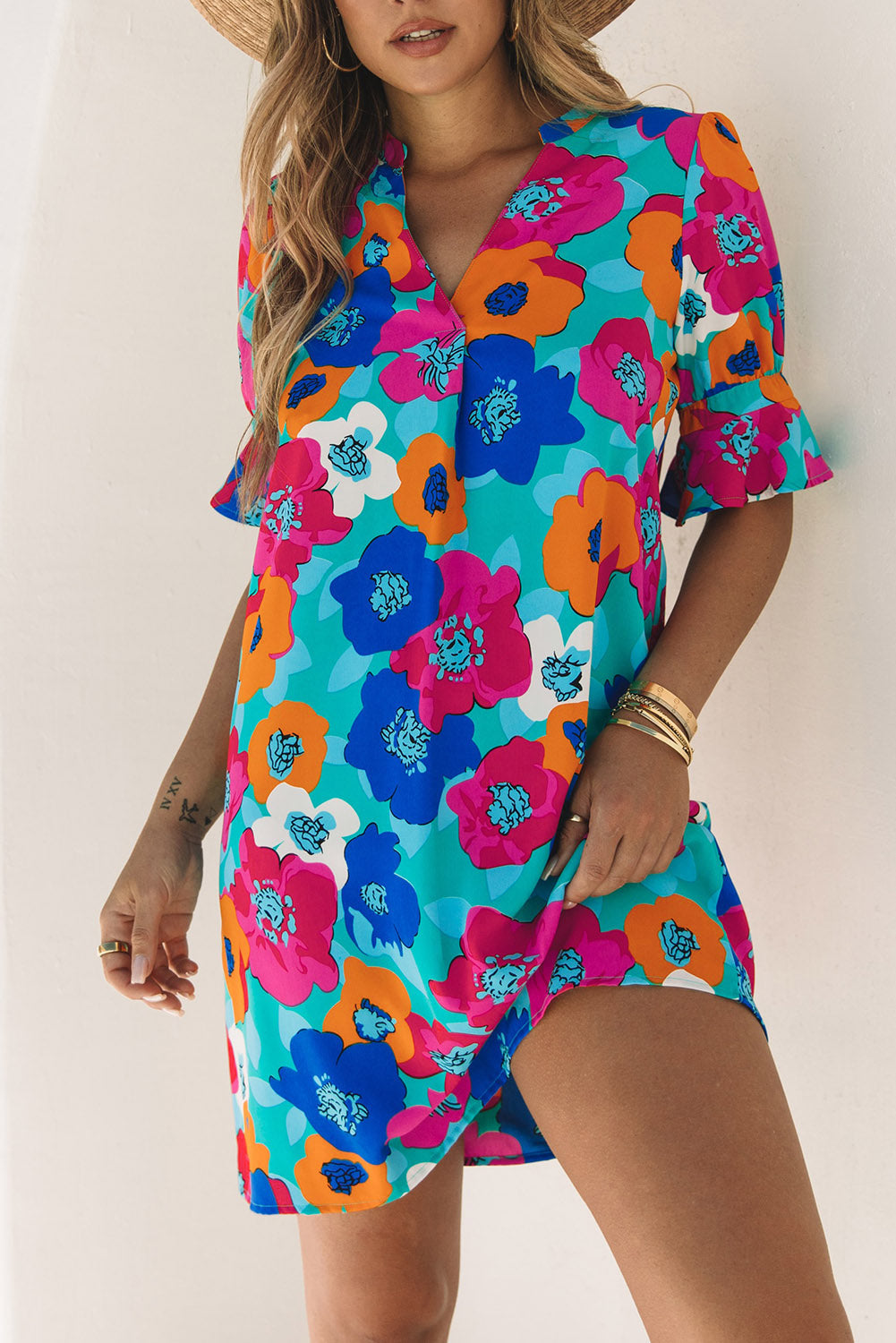 Multicolor Split V Collar Ruffle Sleeve Floral Shift Dress