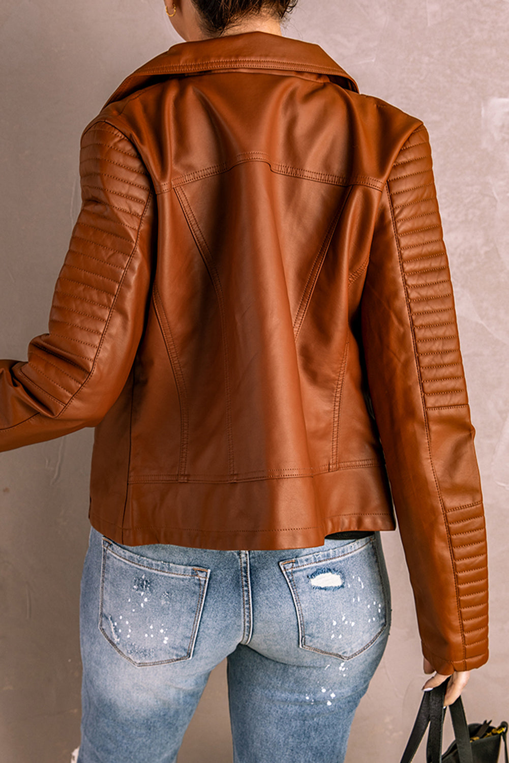 Brown Ribbed Seam Detail Faux Leather Zipped Motorcycle Jacket