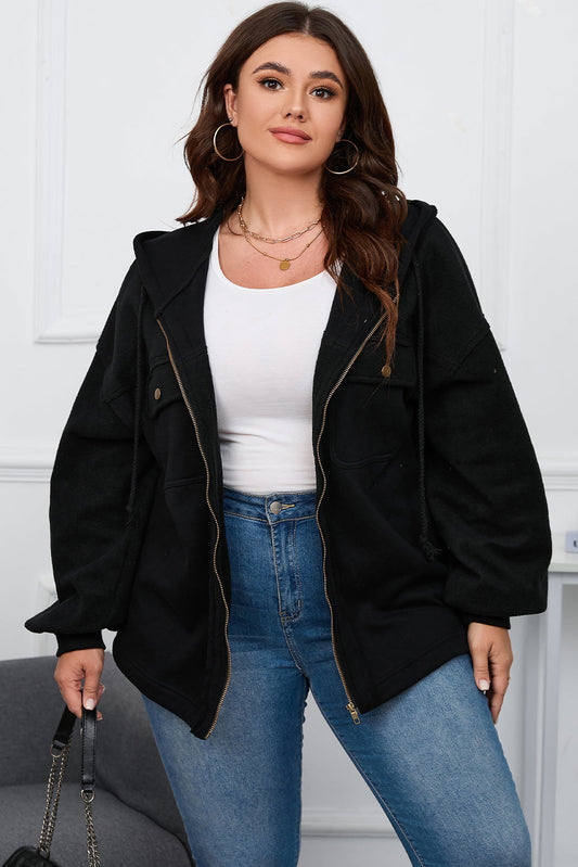 Black Plus Size Women Hooded Zip Up Jacket