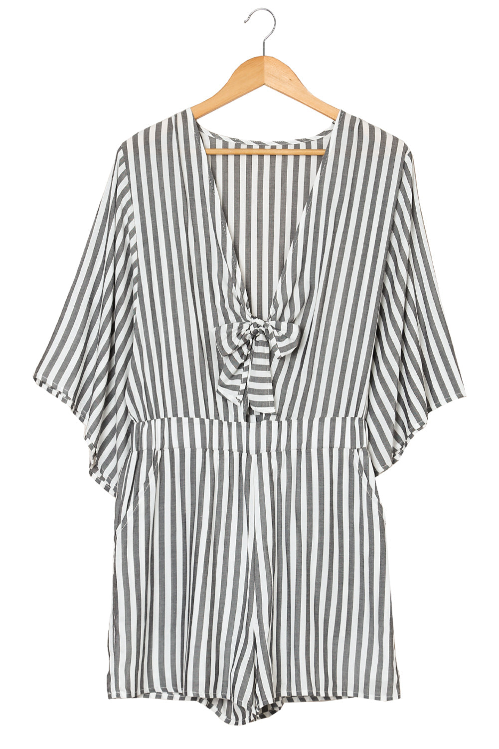 Gray 3/4 Wide Kimono Sleeves Tie Front Striped Romper with Pockets