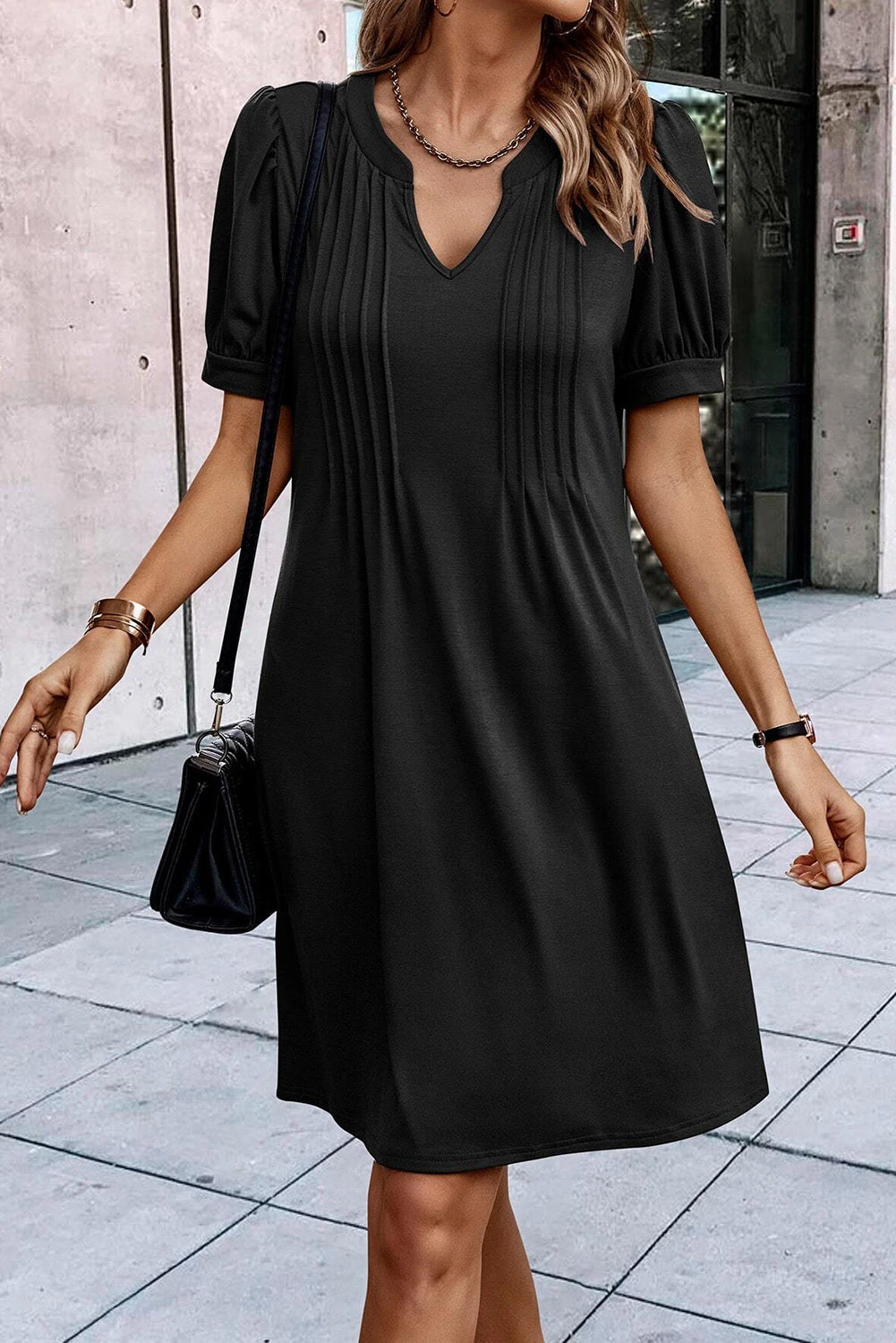 Black Notched Neck Pleated Puff Sleeve Shift T-shirt Dress