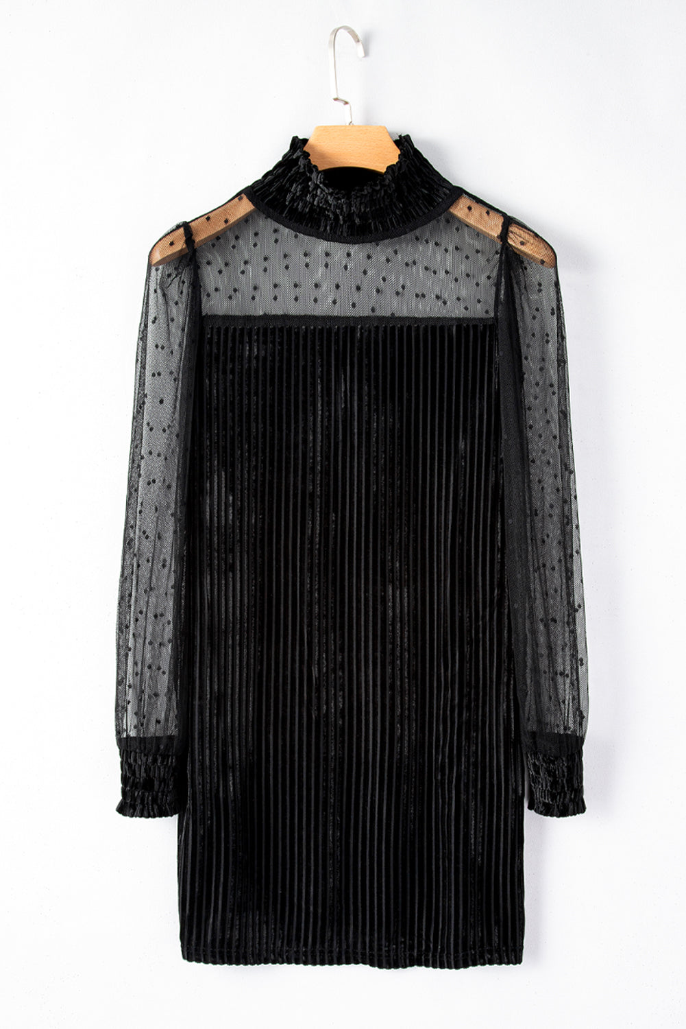 Black Dotted Mesh Striped Frilled Neck Bubble Sleeve Dress