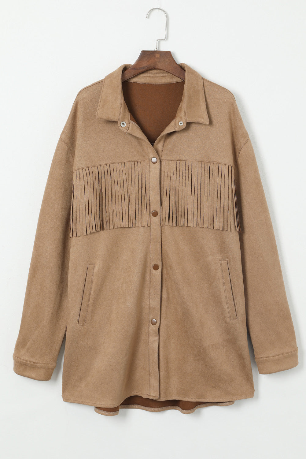 Khaki Fringe Trim Plus Size Suede Shacket