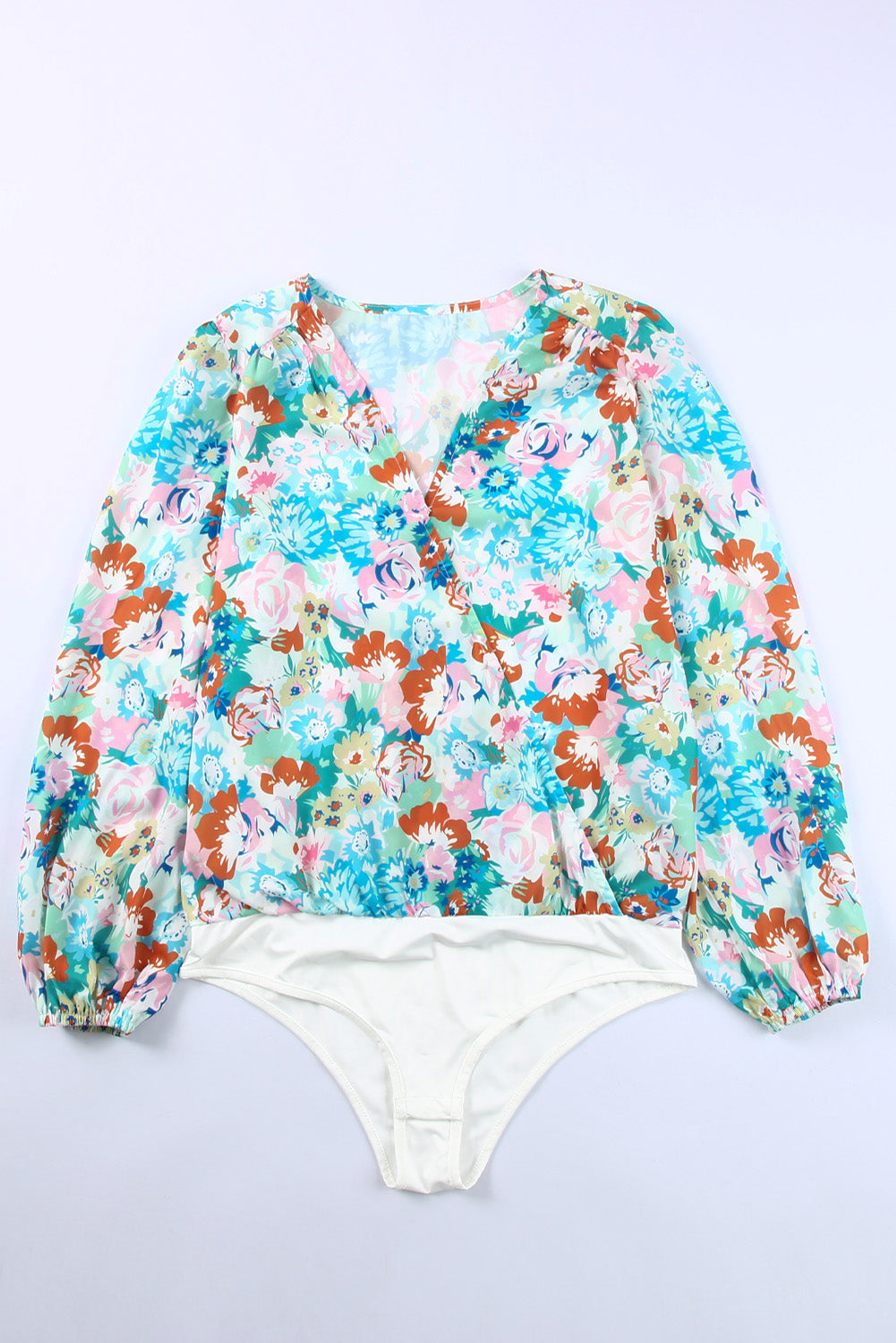 Sky Blue Floral Print Wrap Long Sleeve Bodysuit