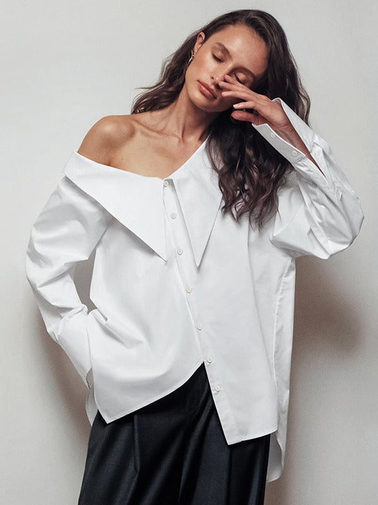 White off-shoulder irregular collar temperament loose shirt