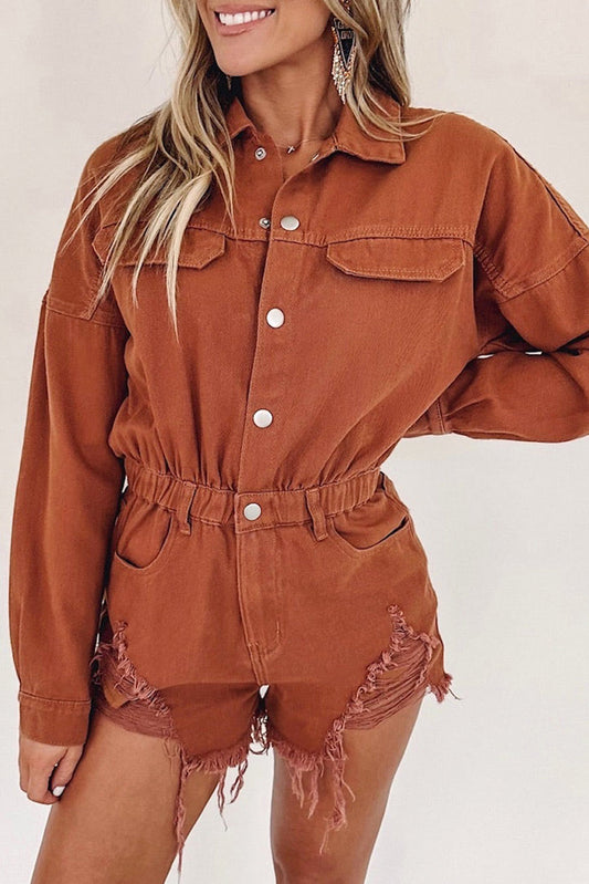 Gold Flame Long Sleeve Snap Buttons Distressed Denim Romper