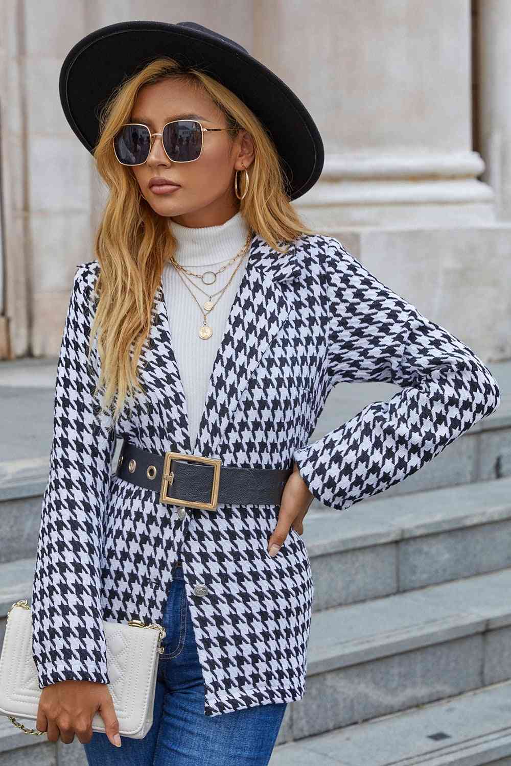 Houndstooth Lapel Collar Long Sleeve Blazer