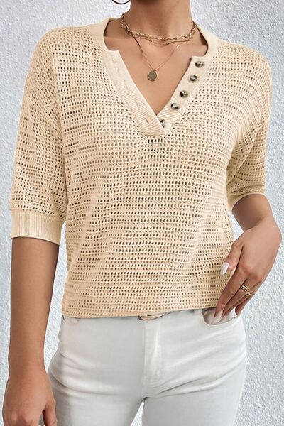 Half Button Dropped Shoulder Knit Top