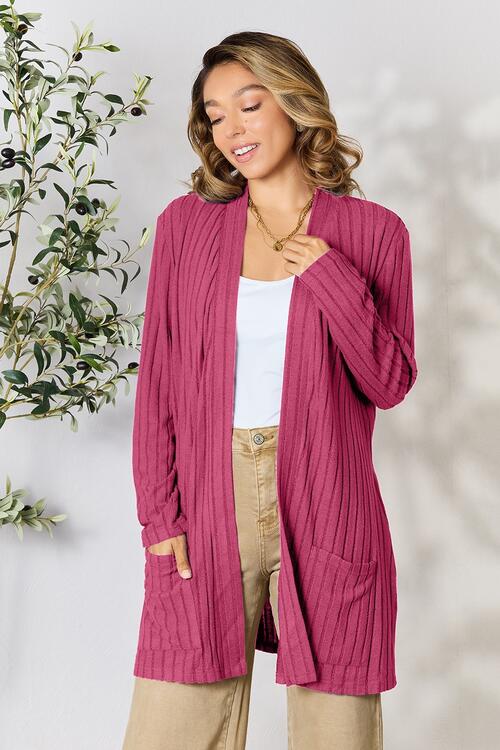 Blue Ribbed Open Front Cardigan with Pockets