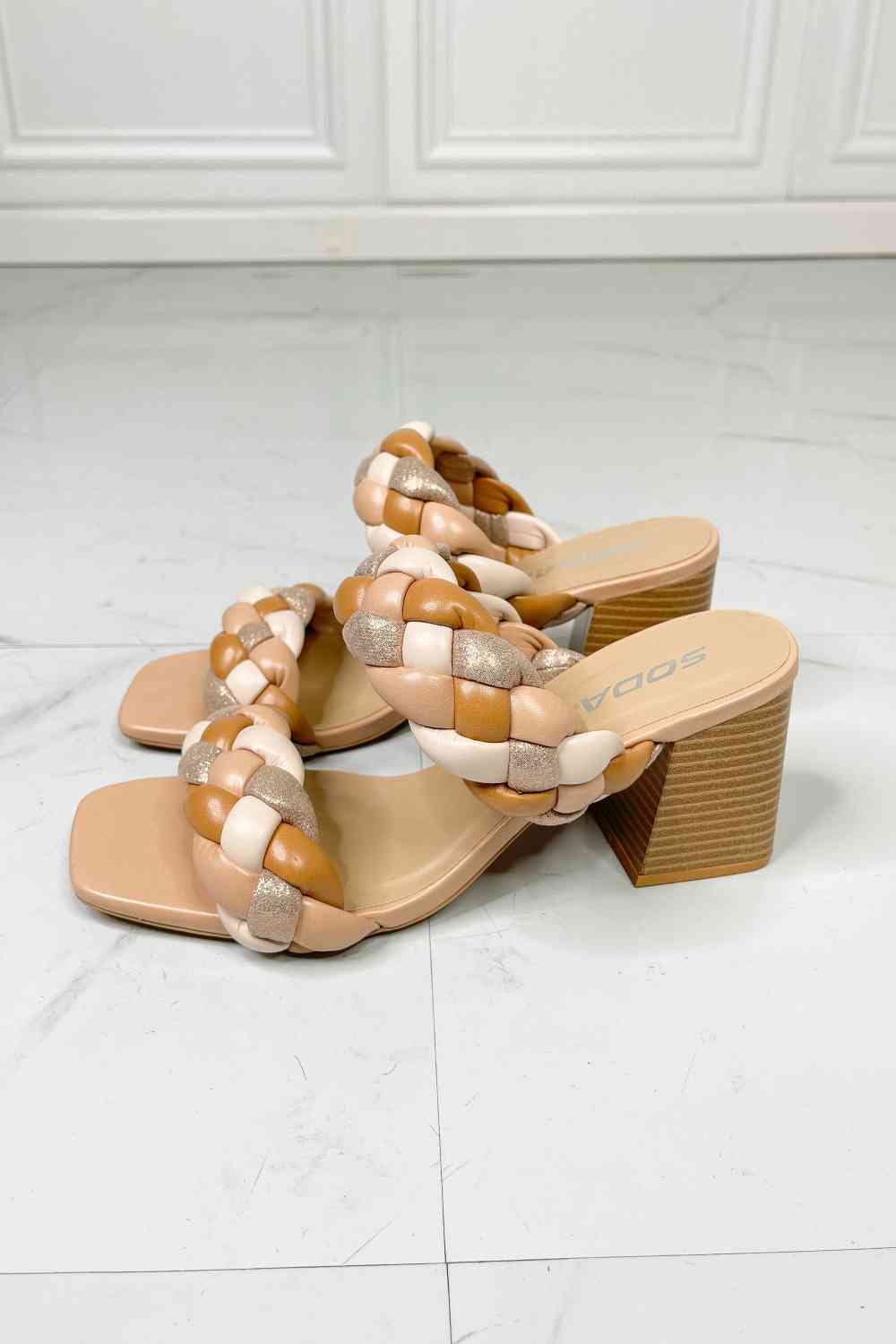 Braided Strap Block Heel Slide Sandal in Nude