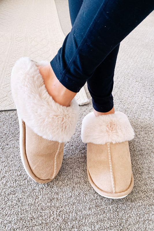 Khaki Cut and Sew Faux Suede Plush Lined Mules