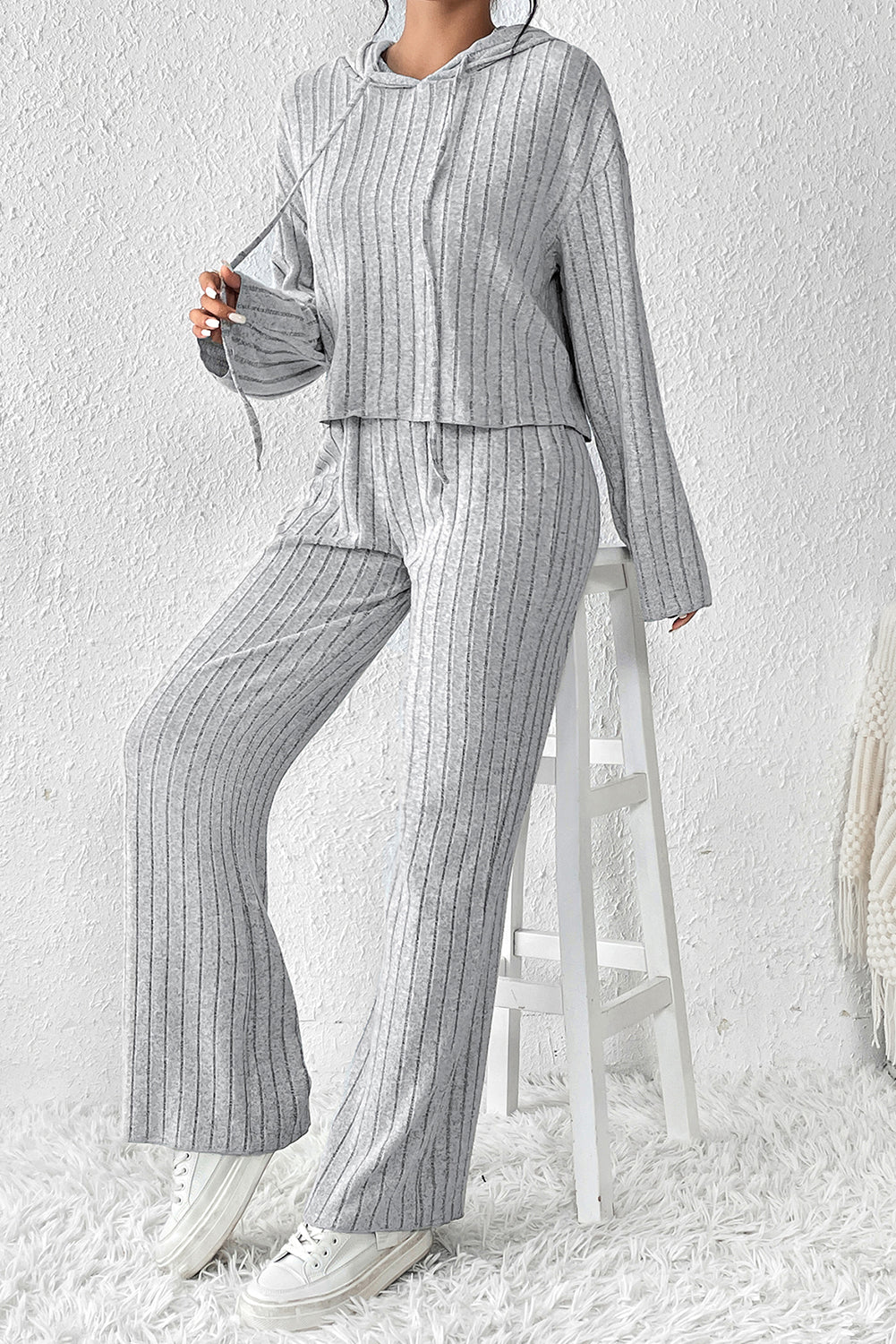 Gray Ribbed Knit Slouchy Hoodie Wide Leg Pants Set