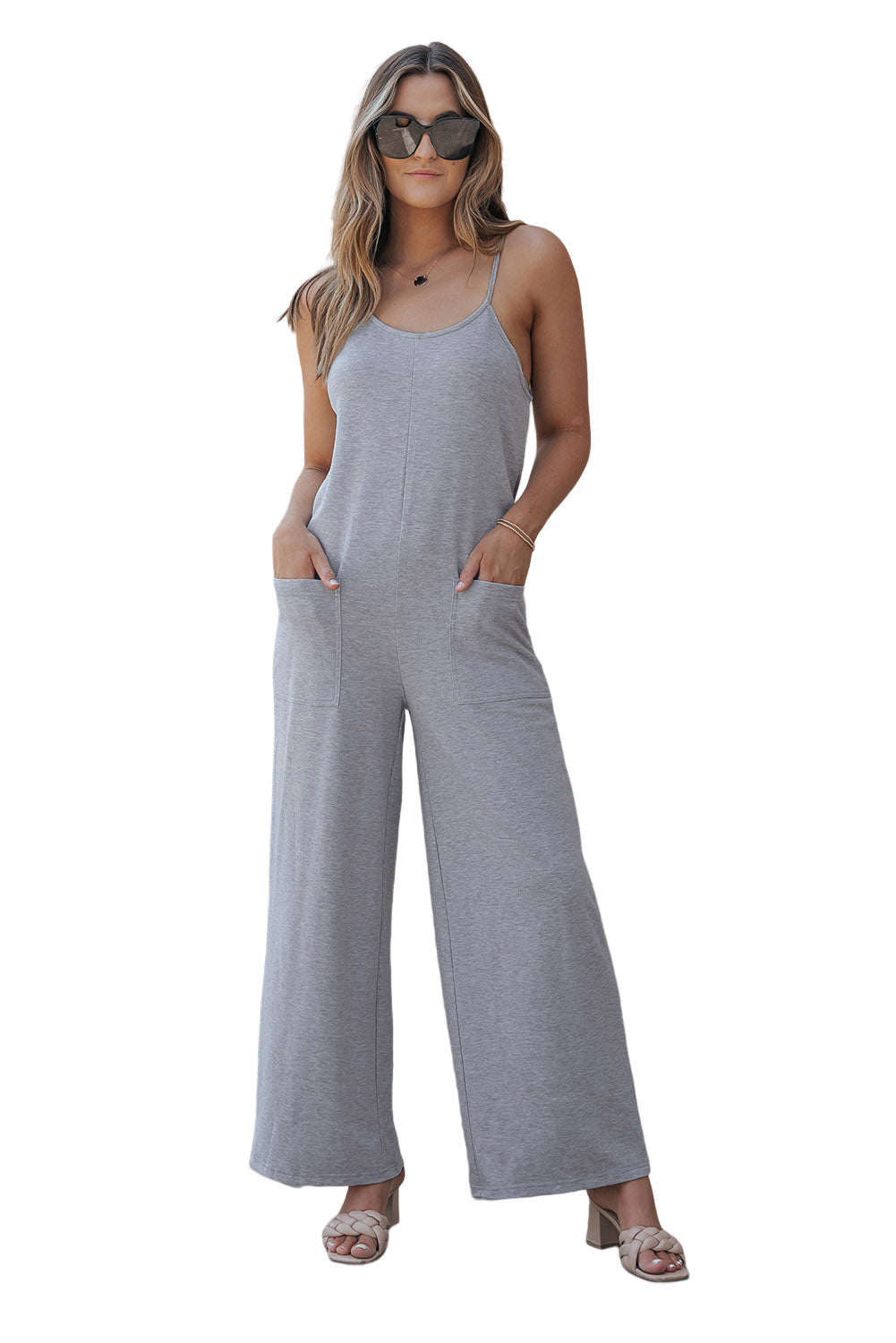 Gray Patch Pockets Spaghetti Strap Wide Leg Jumpsuit