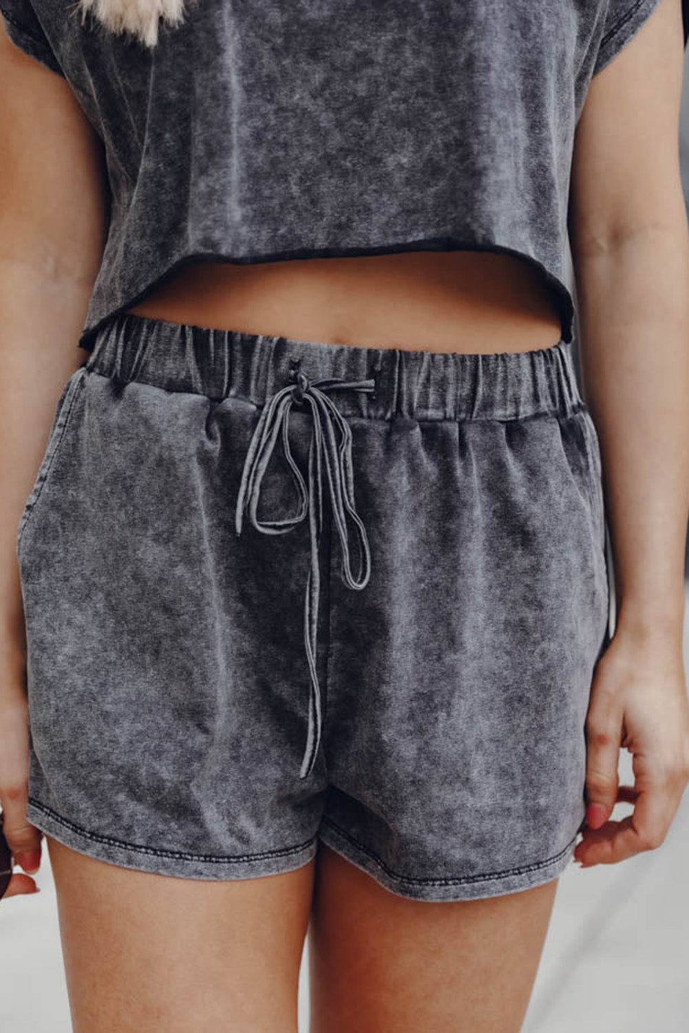 Black Acid Washed Short Lounge Set