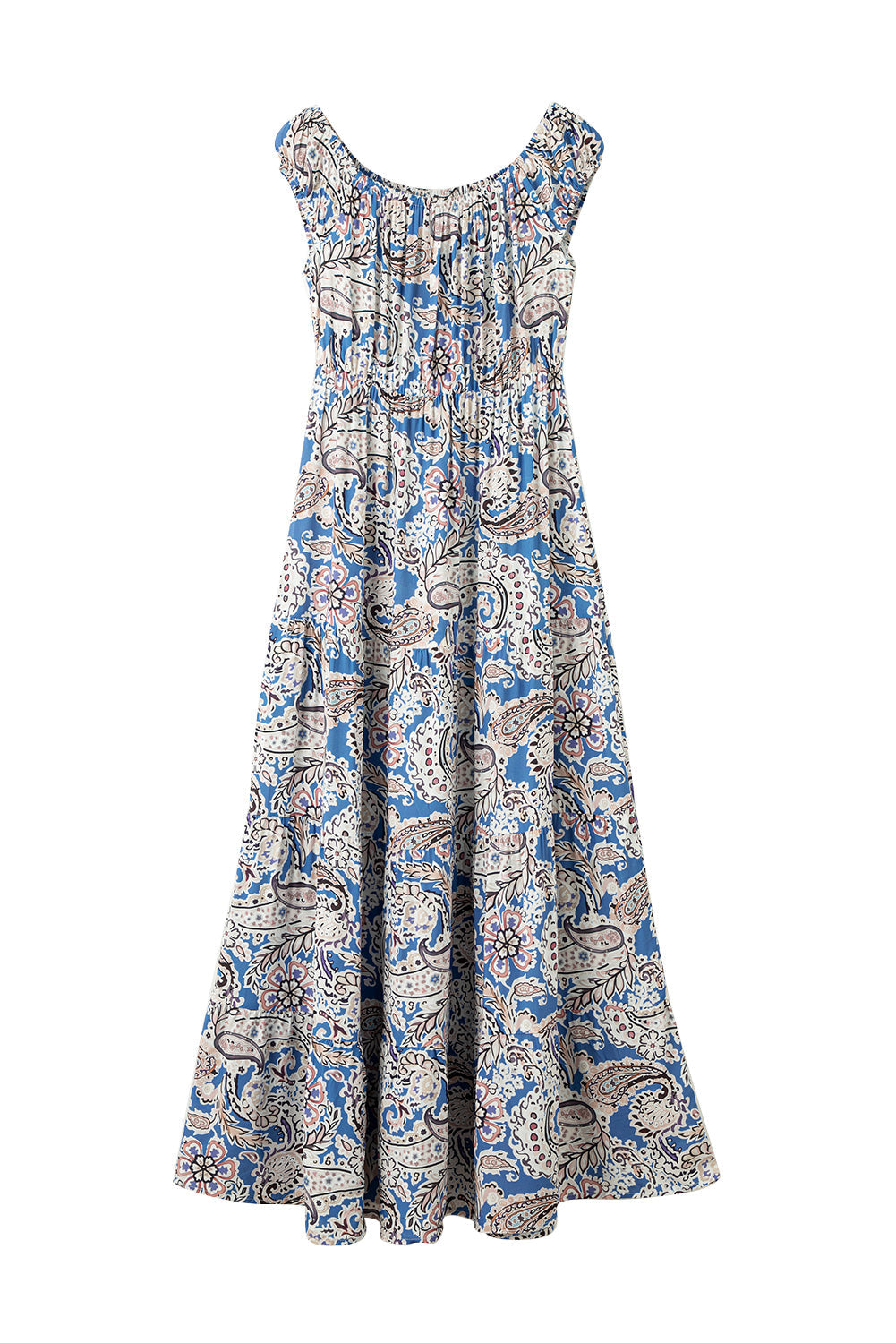 Blue Boho Paisley Print Off Shoulder Maxi Dress