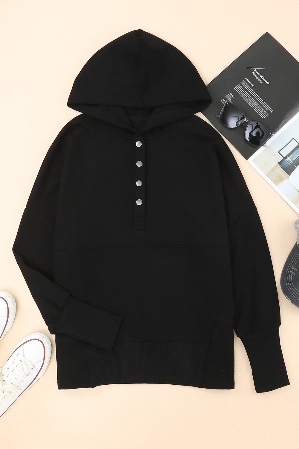 Black Batwing Sleeve Pocketed Henley Hoodie