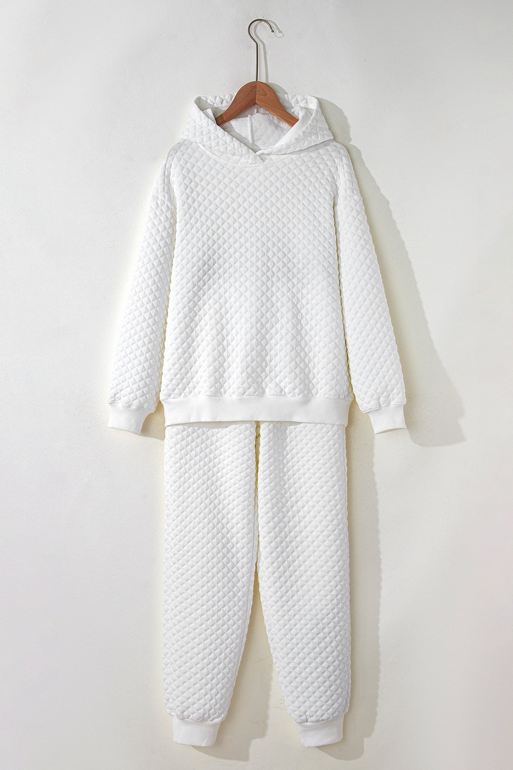 White Quilted Hoodie and Sweatpants Two Piece Set