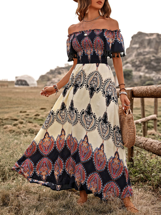 Bohemian Tassel Fringe  Off Shoulder Maxi Dress