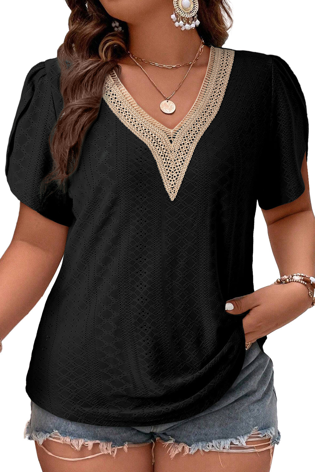 Black Guipure V Neck Plus Size Eyelet Embroidered Top