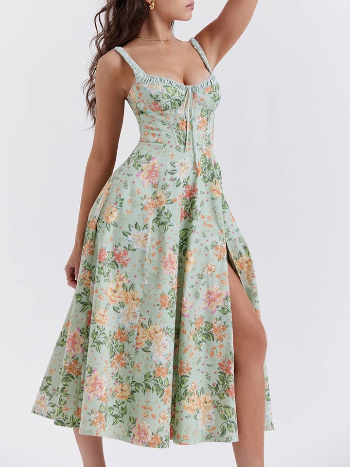 Floral Suspender Backless Slit Midi Dress