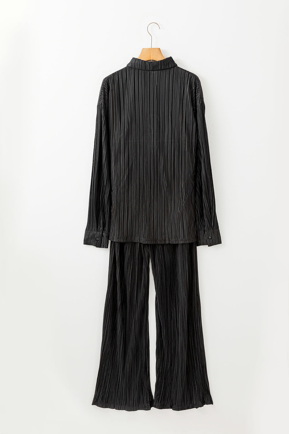 Black Pleated Long Sleeve Shirt and Wide-Leg Pants Set