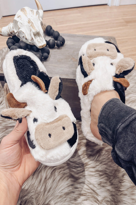 White Cartoon Animal Cow Plush Slippers