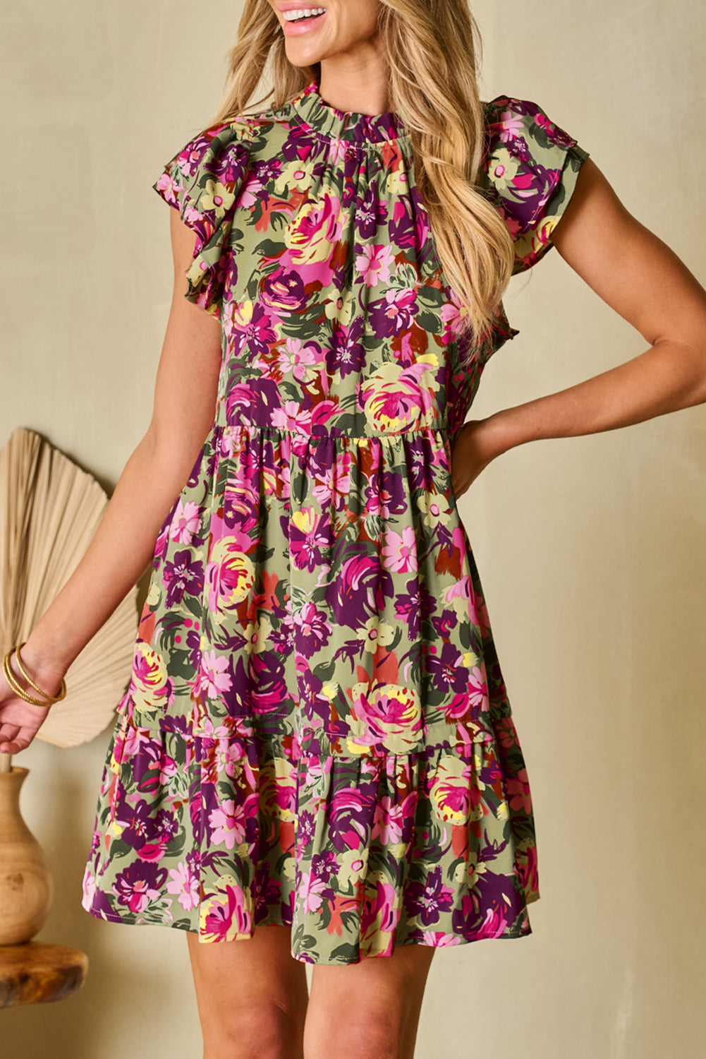 Green Floral Print Ruched Flutter Sleeve Frilled Neck Mini Dress