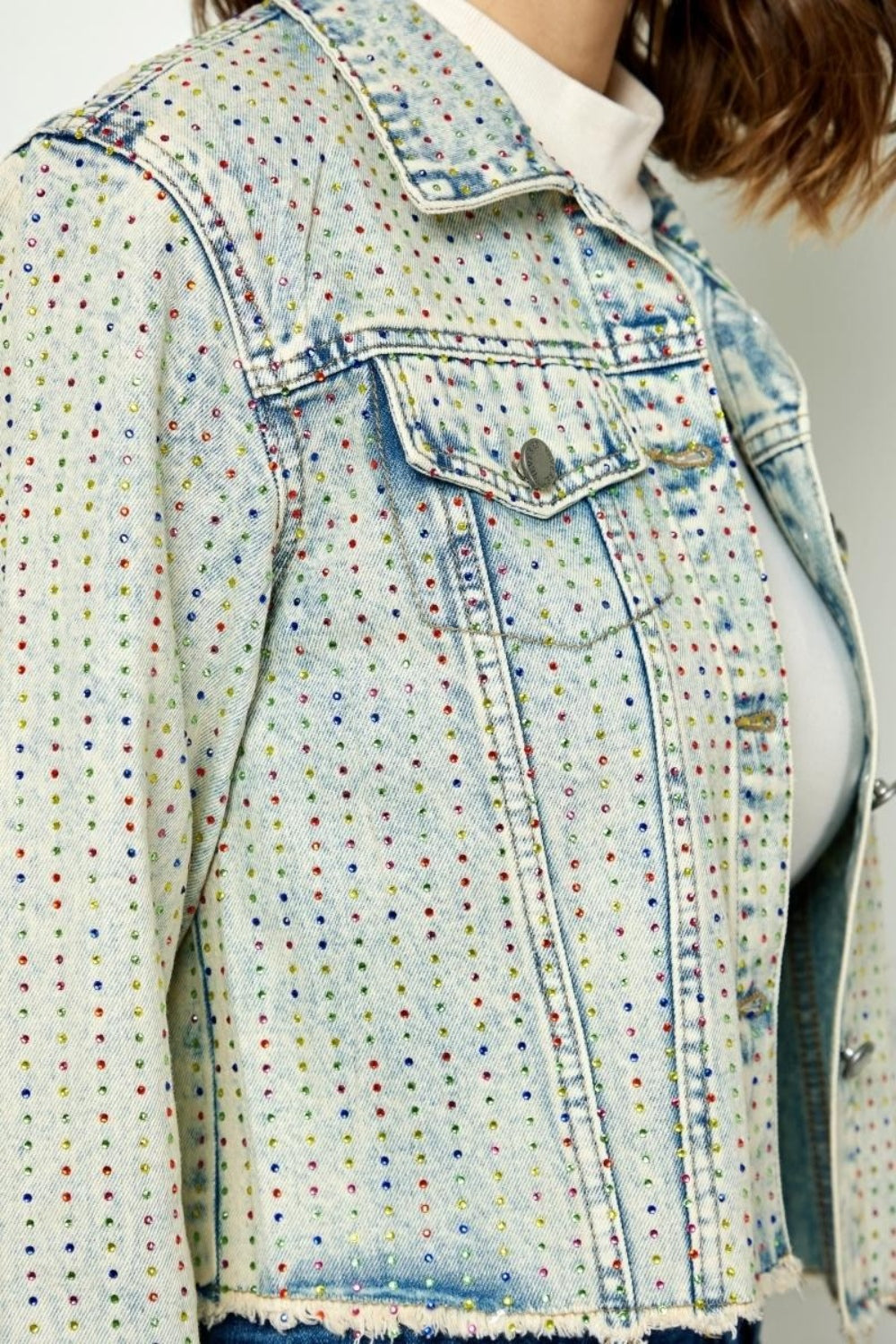 Veveret Multi Color Stripe Rhinestone Raw Hem Denim Jacket