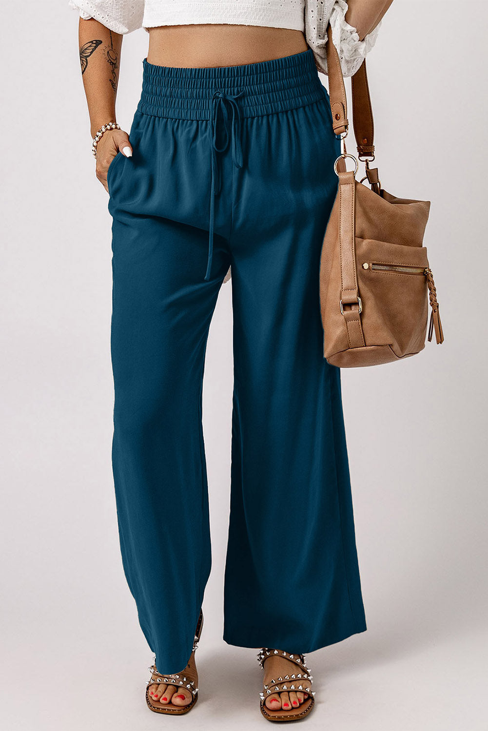 Blue Drawstring Elastic Waist Casual Wide Leg Pants