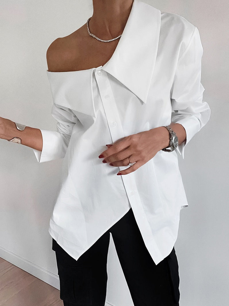 White off-shoulder irregular collar temperament loose shirt