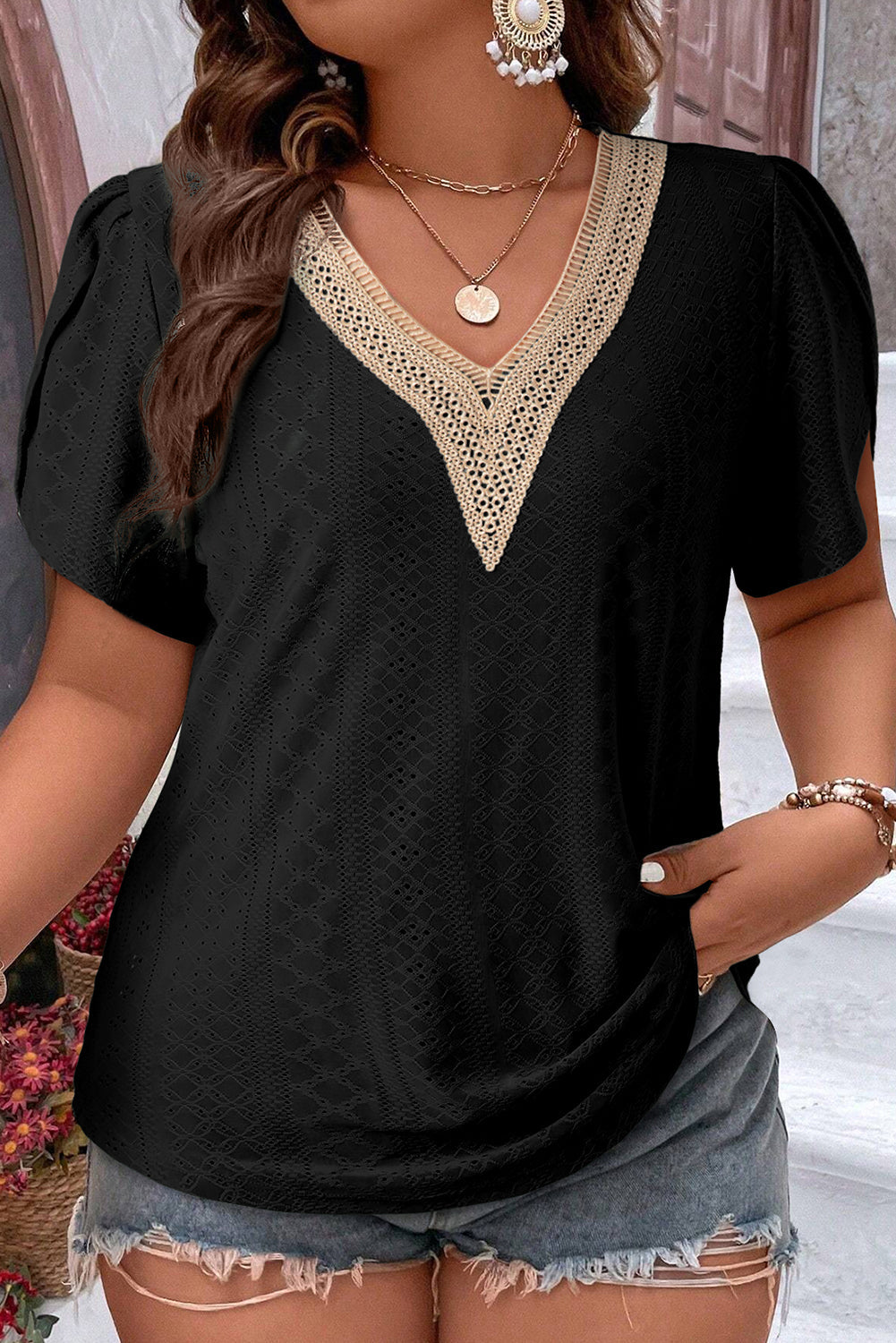 Black Guipure V Neck Plus Size Eyelet Embroidered Top