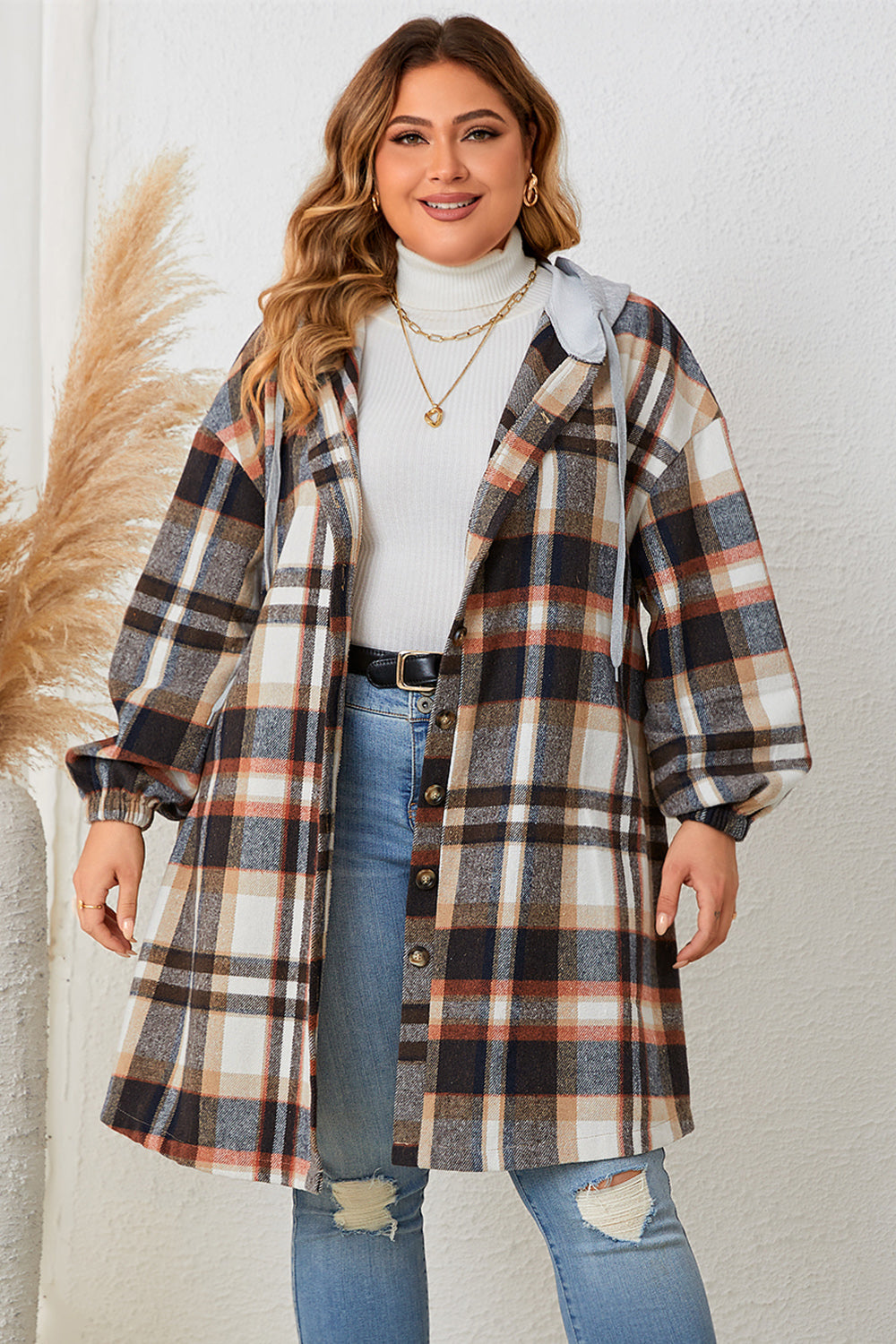 Chocolate Plus Size Women Plaid Hooded Coat