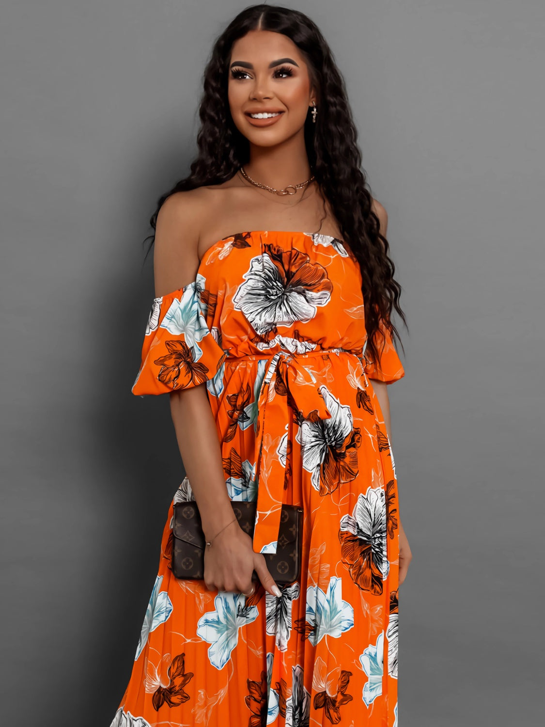 Pleated Floral Off-Shoulder Short Sleeve Midi Dress