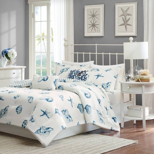 Coastal Beach House Blue Seashells Comforter Set