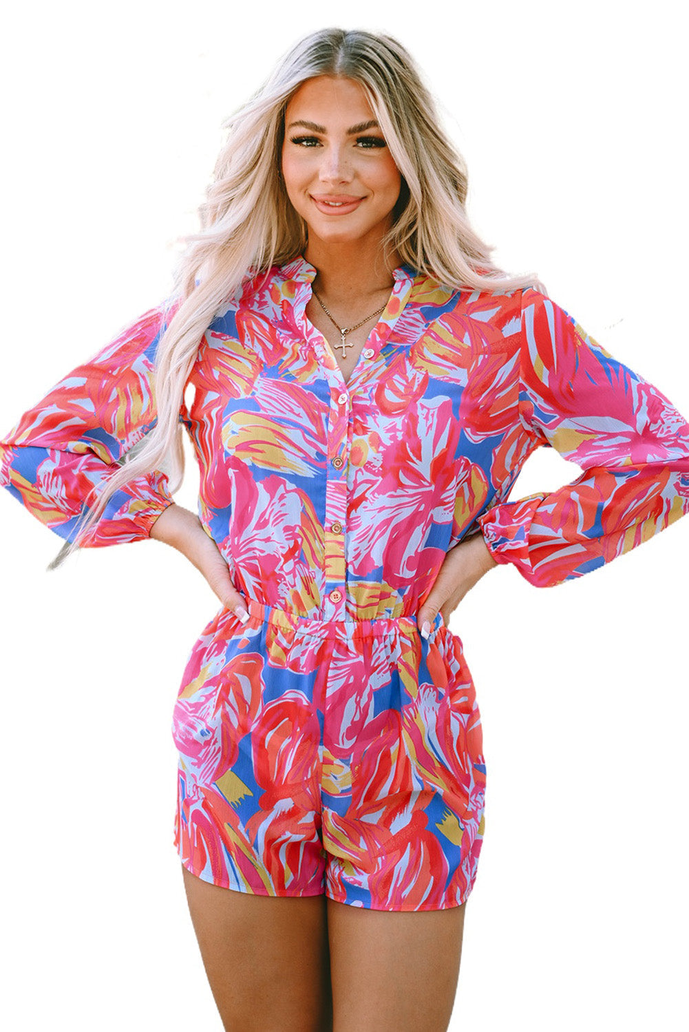 Multicolor Bold Graffiti Print Shirt Button Romper