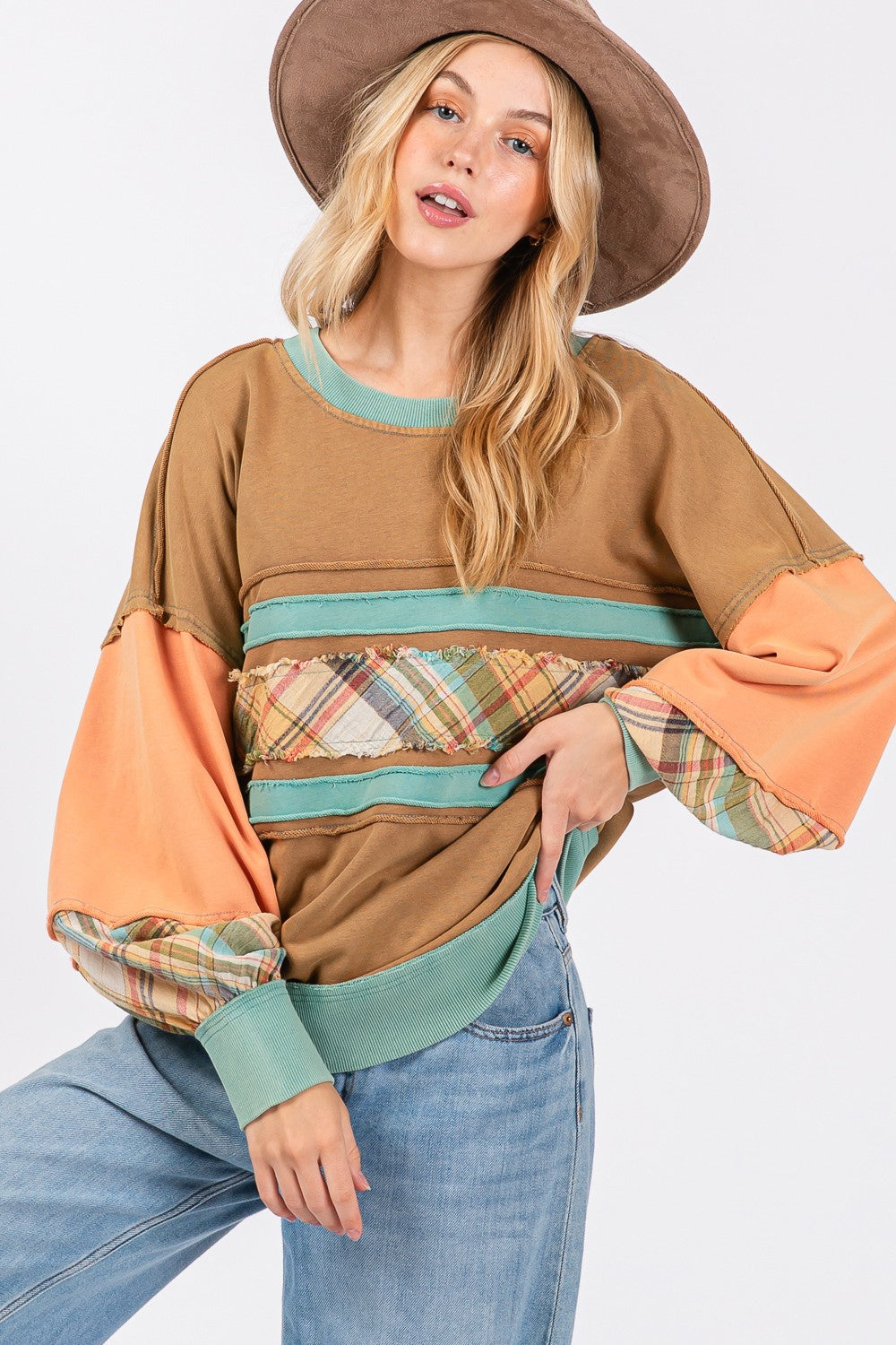 Boho Raw Edge Color Block Sweatshirt