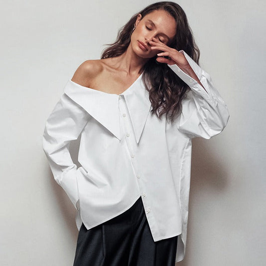 White off-shoulder irregular collar temperament loose shirt