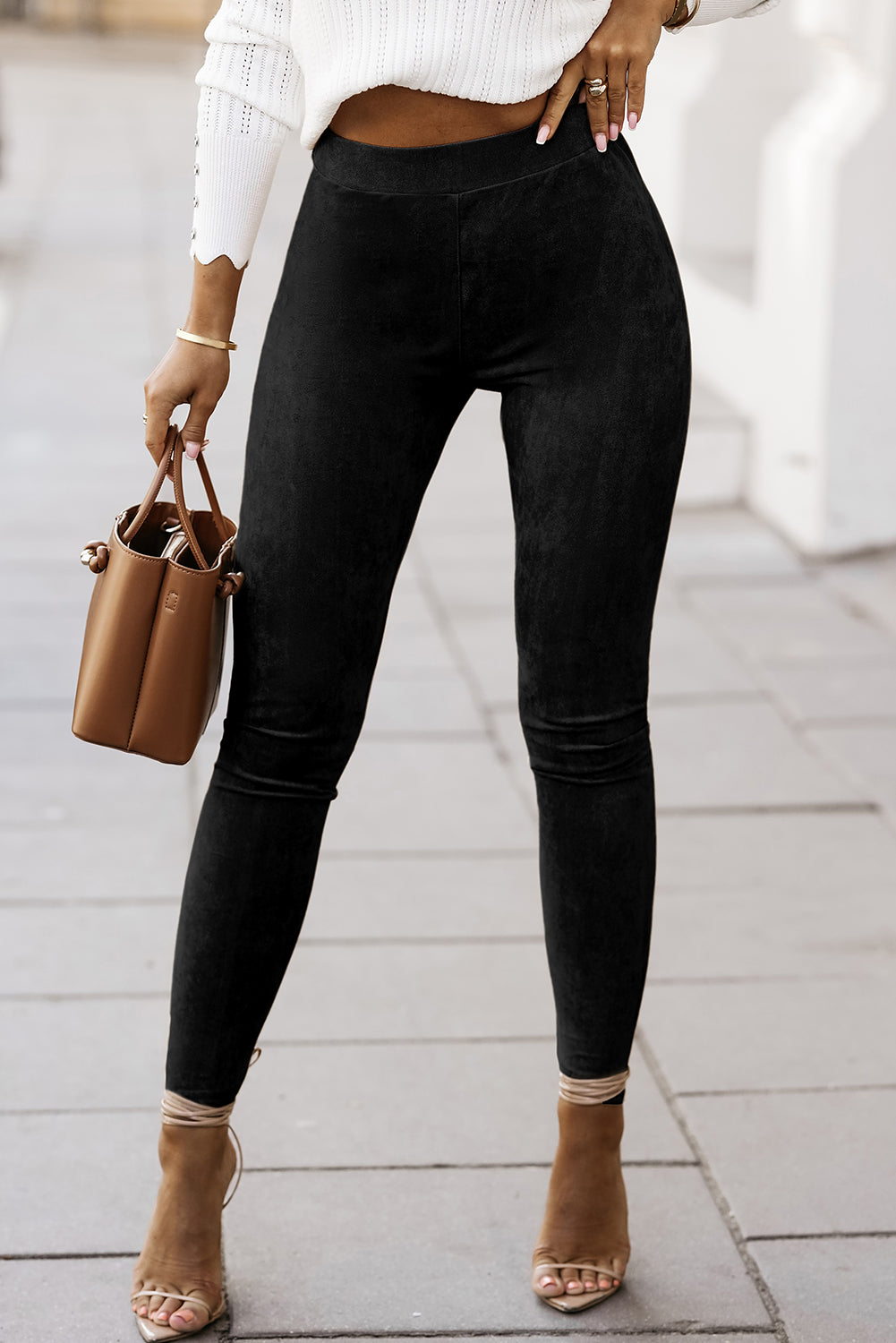 Black High Waist Faux Suede Skinny Leggings