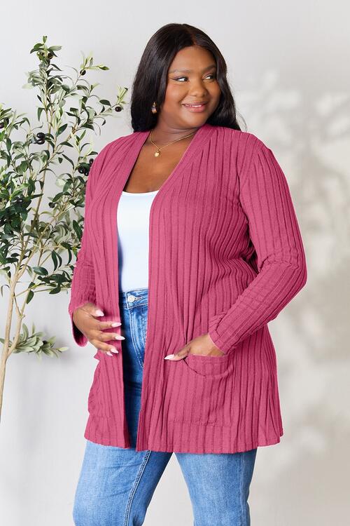 Blue Ribbed Open Front Cardigan with Pockets