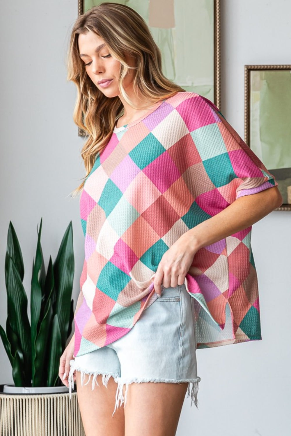 Full Size Multi Colored Argyle Side Slit T-Shirt