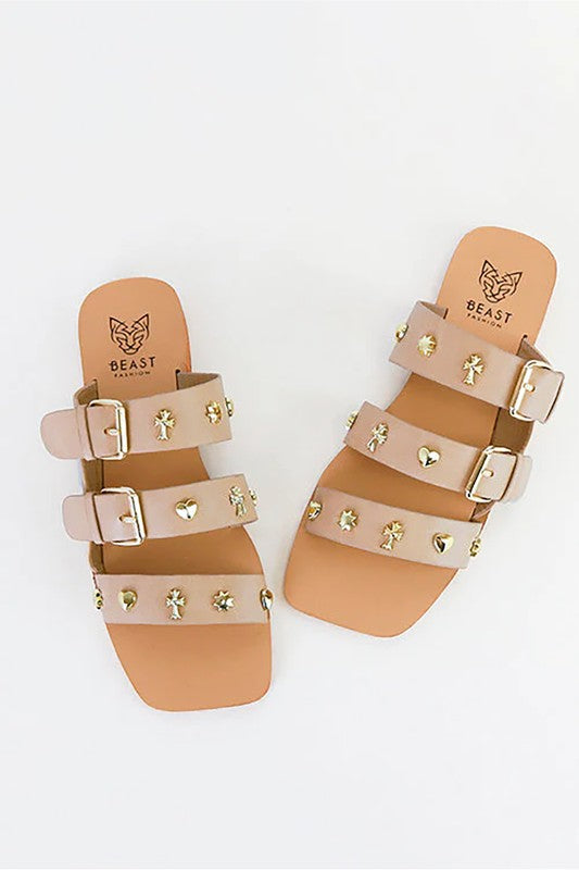 Double buckle studed flat sandals