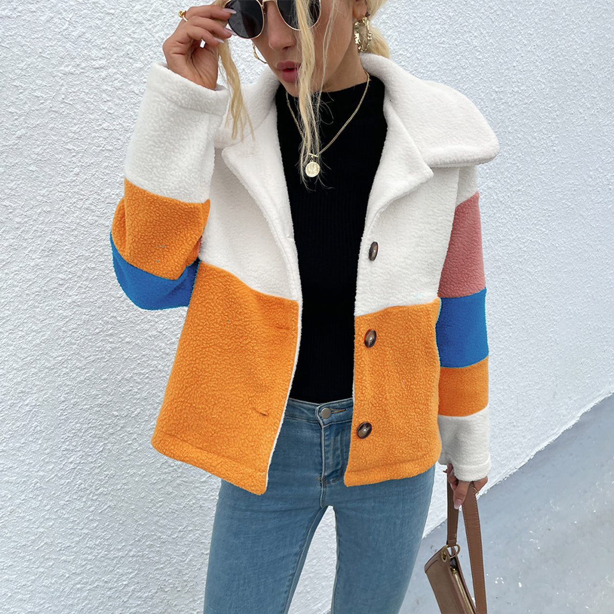 Women's Color Block Button Down Collared Jacket