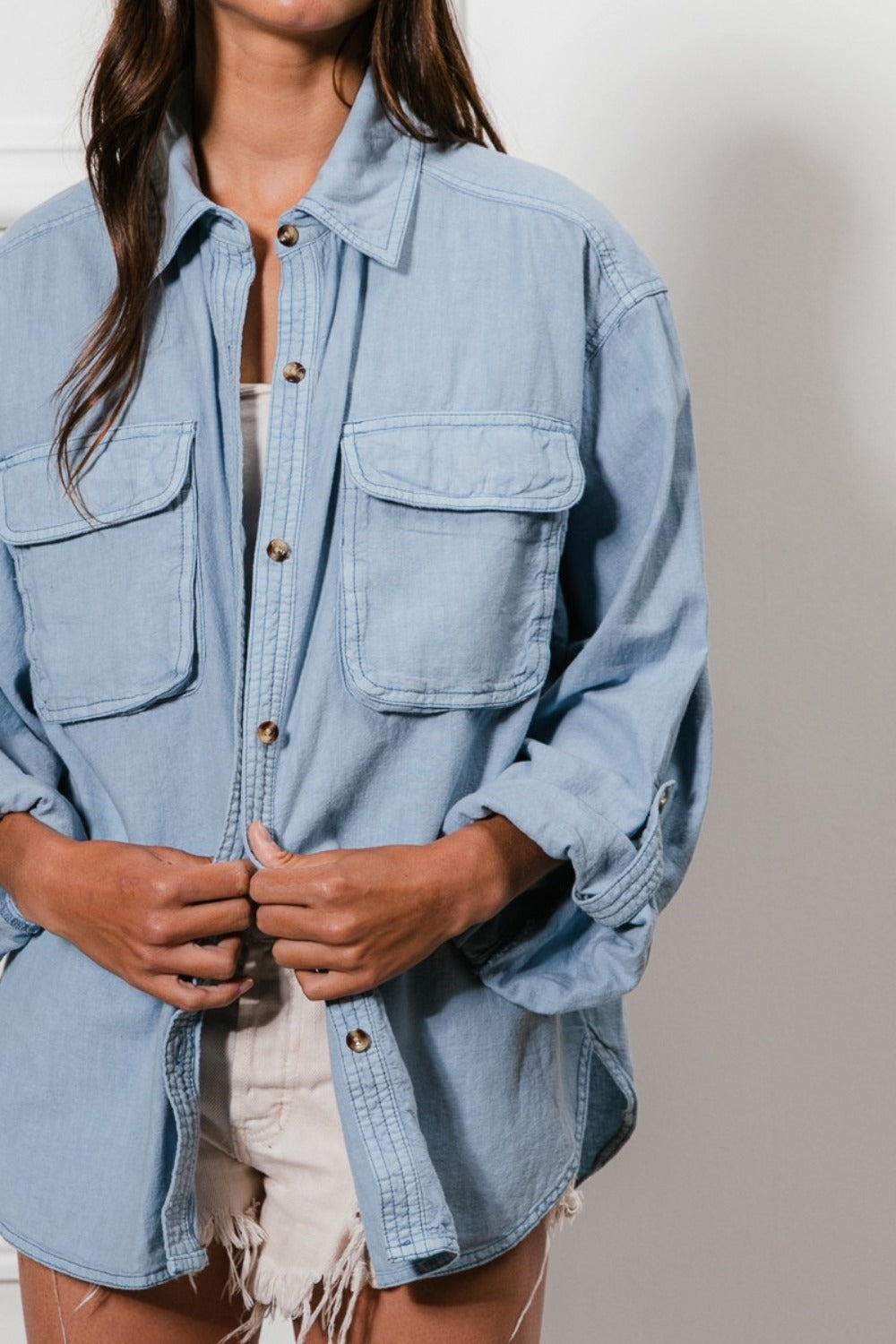 Oversized Button Down Stitch Detail Denim Shirt